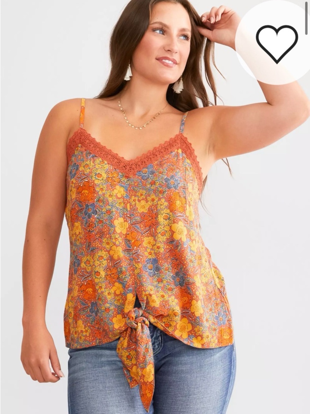 Daytrip Orange Floral Lace-Trim Tie-Front Cami